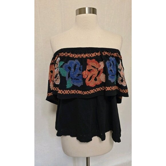 Free People Cross Stitch Embroidered Top Size XS Black Off Shoulder - Picture 7 of 9